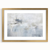 Abstract wall art featuring dynamic strokes in shades of gold and white, framed with a sleek mat, adding a touch of modern elegance to any decor.