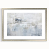 Abstract wall art featuring dynamic silver strokes framed with a mat, showcasing modern elegance. Ideal for contemporary home decor or office settings.