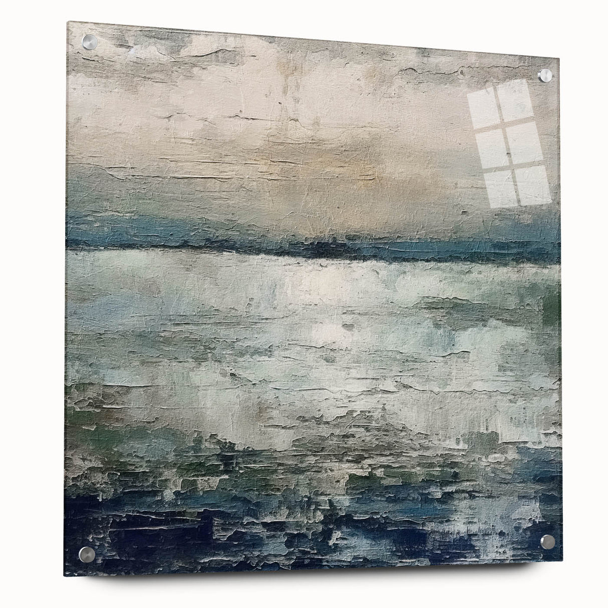 Abstract wall art print featuring colorful strokes in vibrant hues, displayed in a side view on acrylic glass, showcasing its modern design and elegant finish.