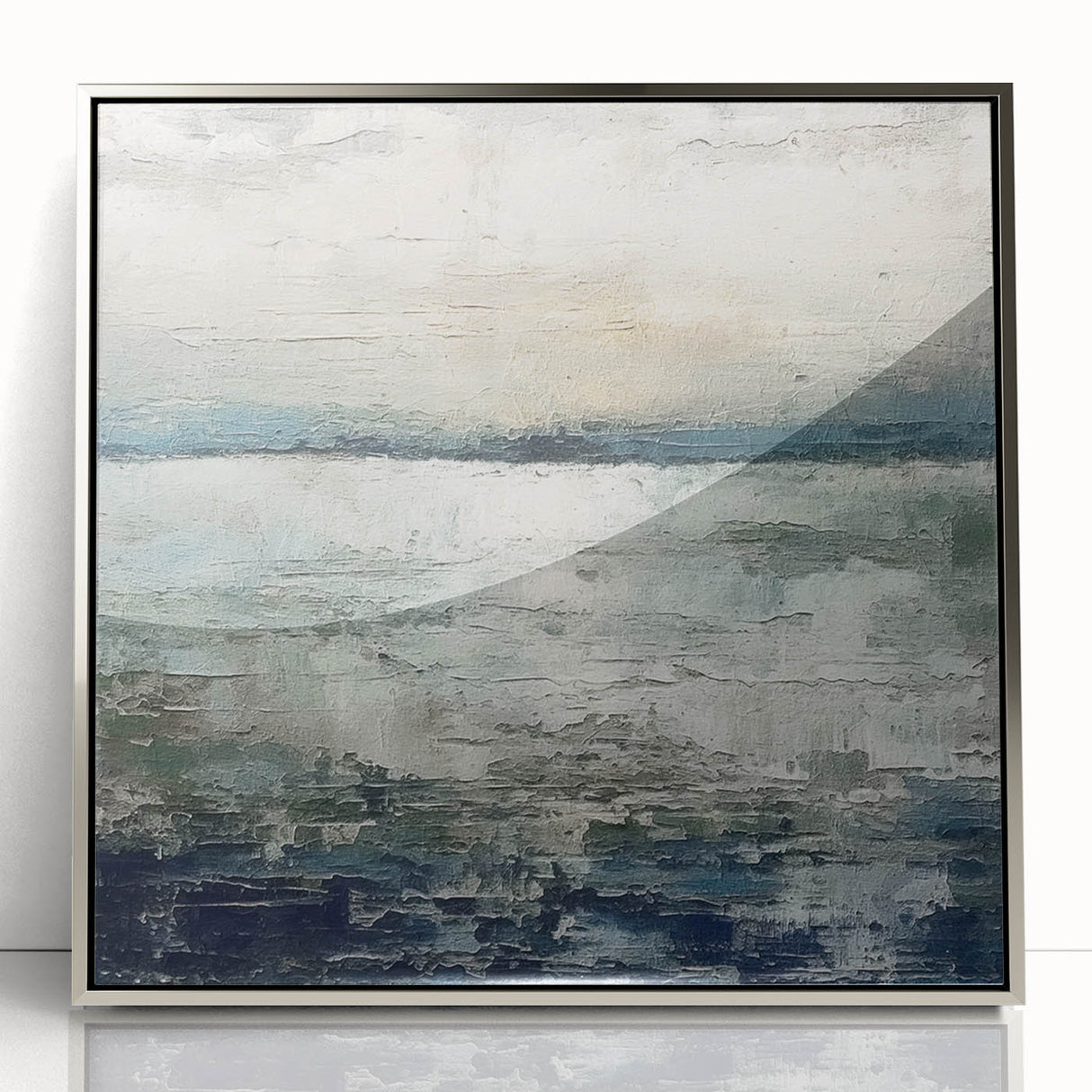 Framed abstract strokes wall art in silver acrylic, showcasing vibrant blue, green, and gold hues, perfect for modern home decor and artistic interiors.