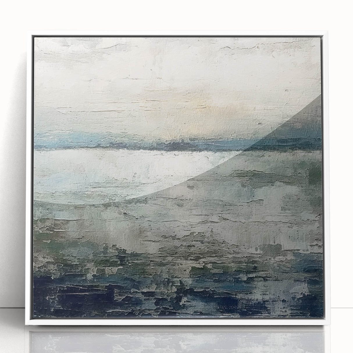 Framed abstract wall art featuring colorful strokes in shades of blue, orange, and white, displayed from a front view, ideal for modern home decor.
