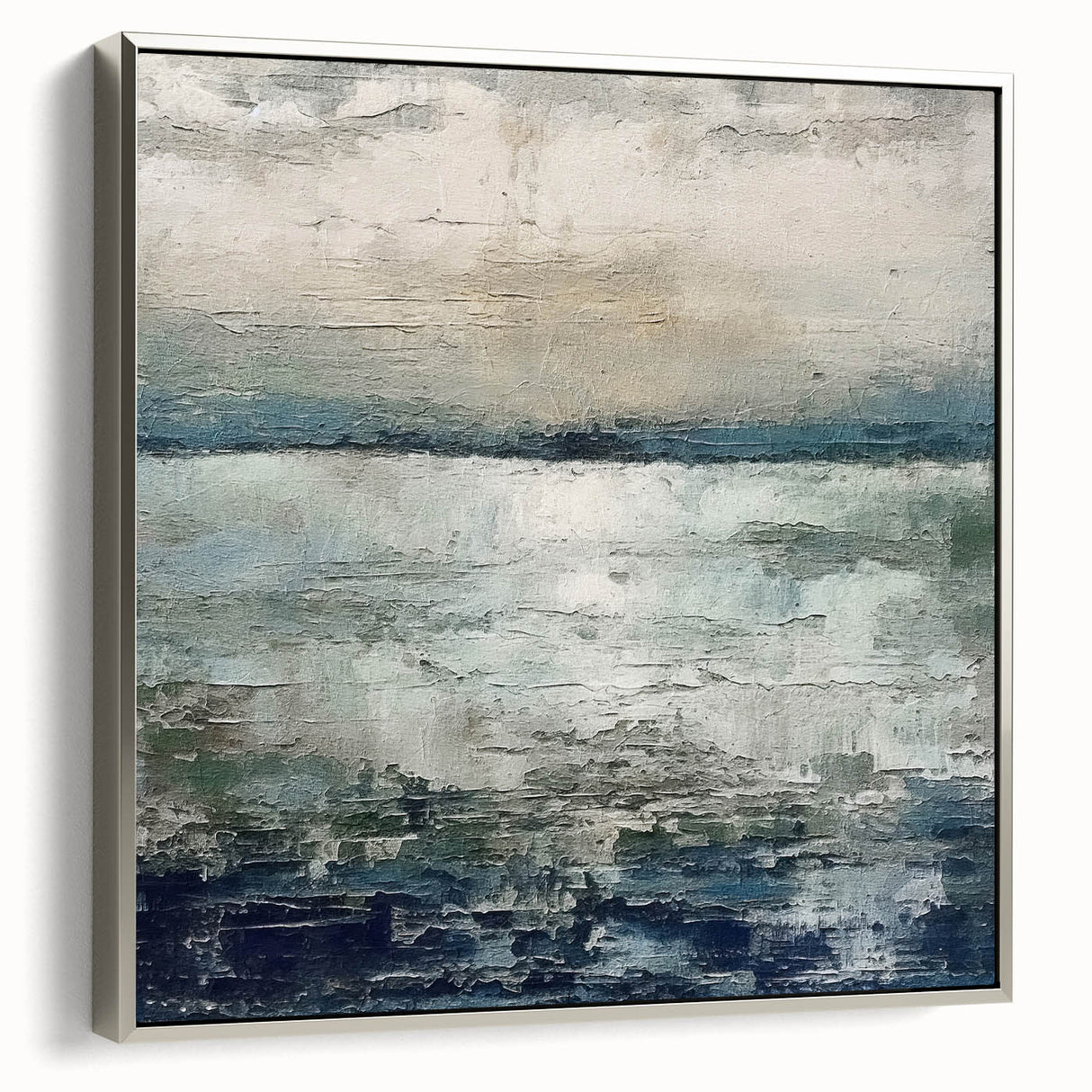 Framed abstract strokes wall art with silver accents, showcasing dynamic brushwork and vibrant colors, ideal for modern home decor. Side view highlights the sleek frame and artistic depth.