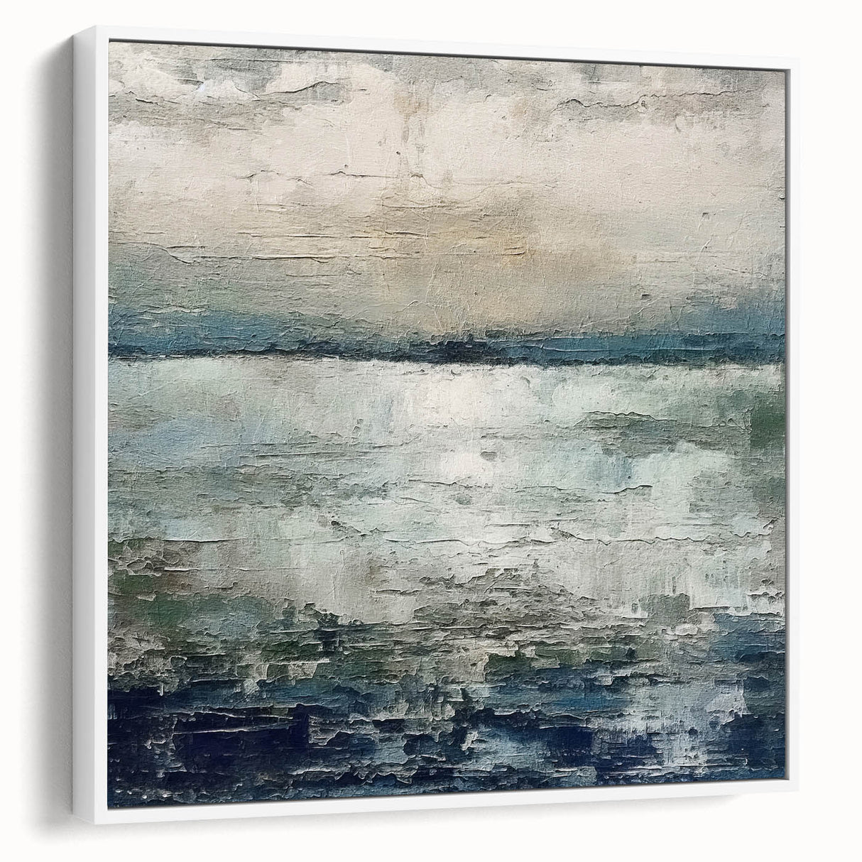 Framed canvas art displaying abstract strokes in soothing white and gray tones. The artwork features a modern design that enhances contemporary home decor.