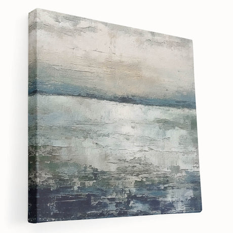 Stretched canvas wall art displaying vibrant abstract strokes in shades of blue, orange, and yellow, perfect for modern home decor. Side view reveals the canvas texture and depth, enhancing visual appeal in contemporary settings.
