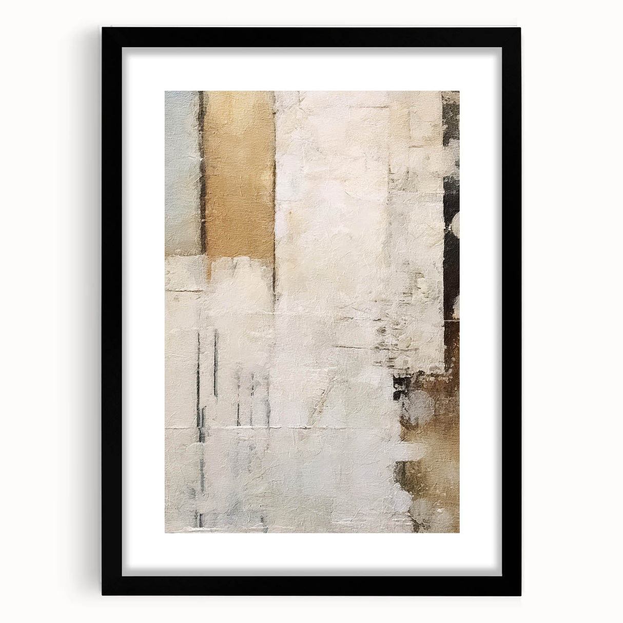 Abstract strokes wall art in a black frame with a mat, showcasing vibrant colors and modern design elements, perfect for contemporary home decor.