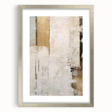 Abstract wall art print featuring vibrant strokes in shades of blue, gold, and white, elegantly framed in silver with a mat. Perfect for modern interior décor.