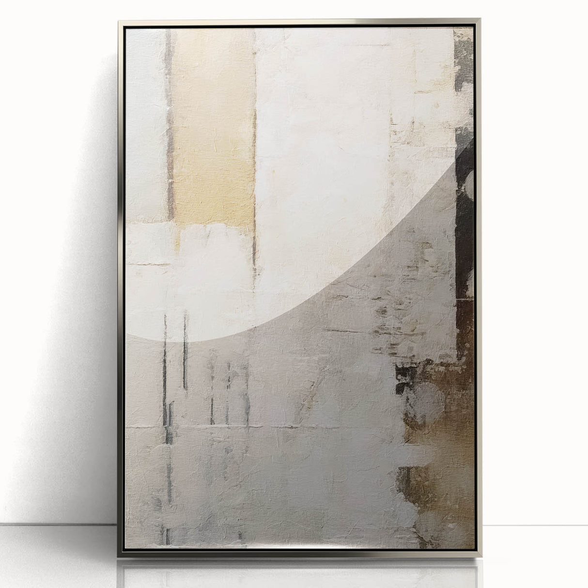 Framed abstract wall art showcasing dynamic silver strokes on a textured background, ideal for modern home decor, available in a sleek acrylic frame.