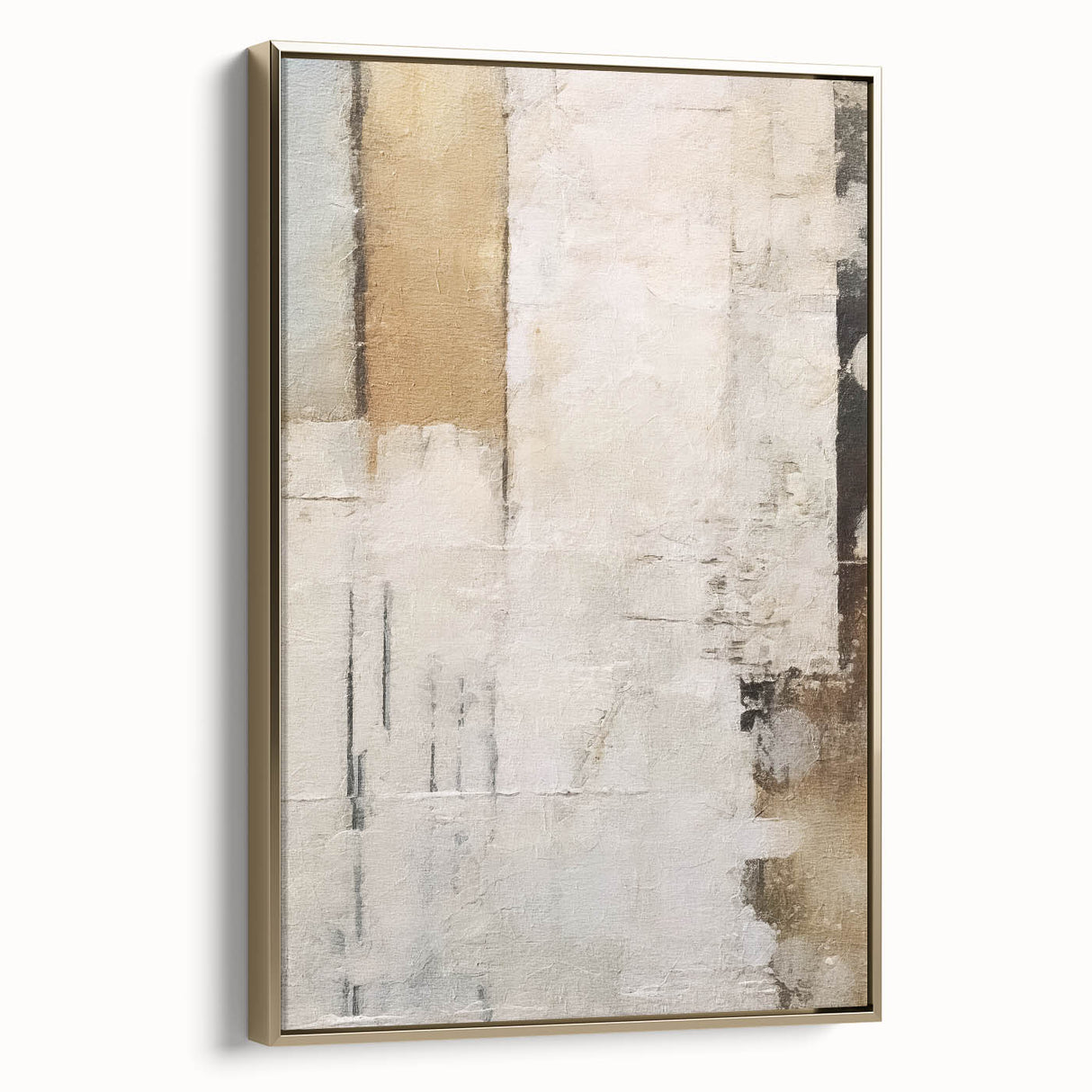 Framed canvas wall art showcasing abstract gold and black strokes, elegantly displayed from a side view, perfect for modern home decor.