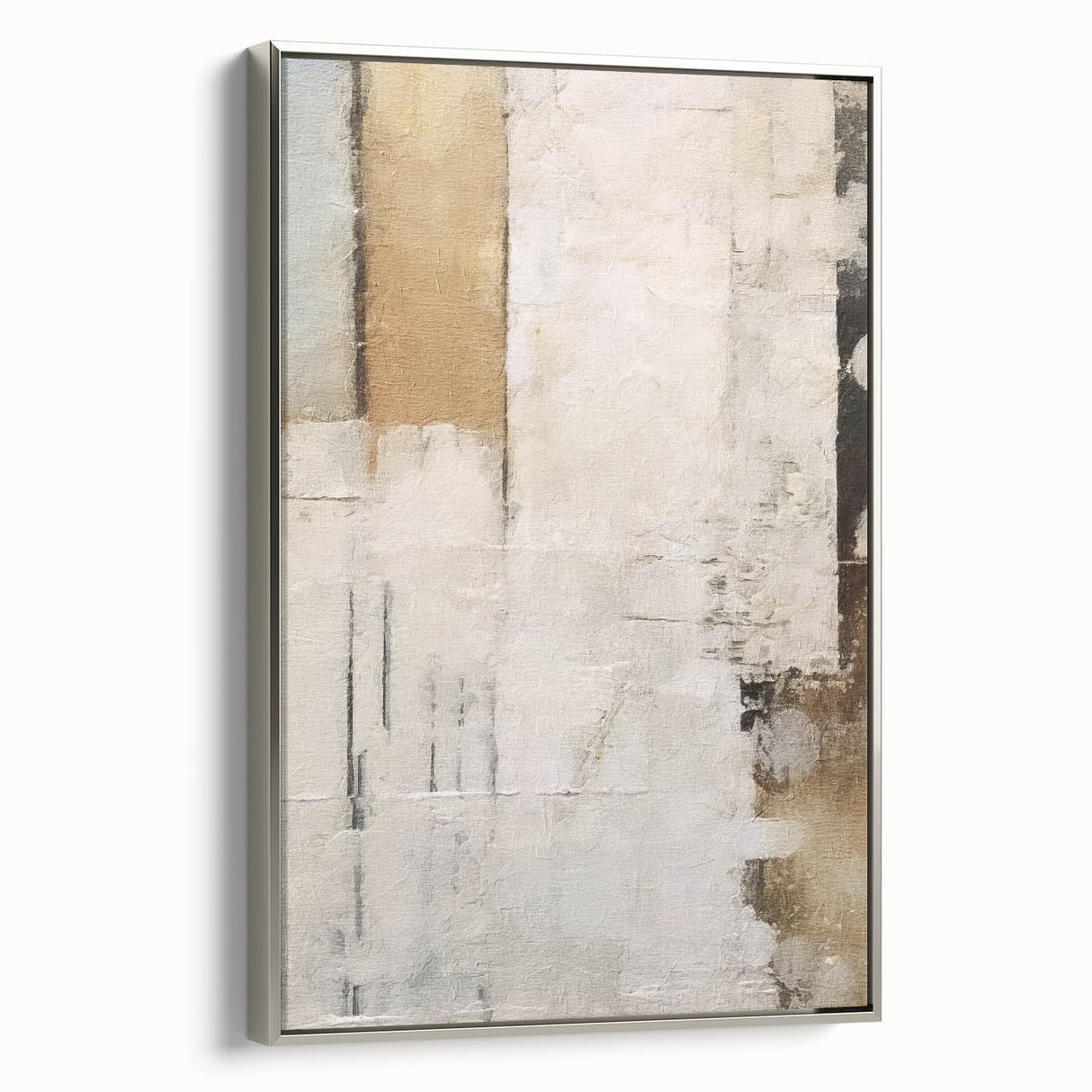 Framed abstract wall art showcasing dynamic silver strokes on a textured canvas, elegantly displayed from the side, enhancing modern interior decor aesthetics.