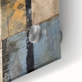 Abstract wall art featuring vibrant strokes in shades of blue, pink, and gold, printed on acrylic glass, showcasing a modern design ideal for contemporary interiors.