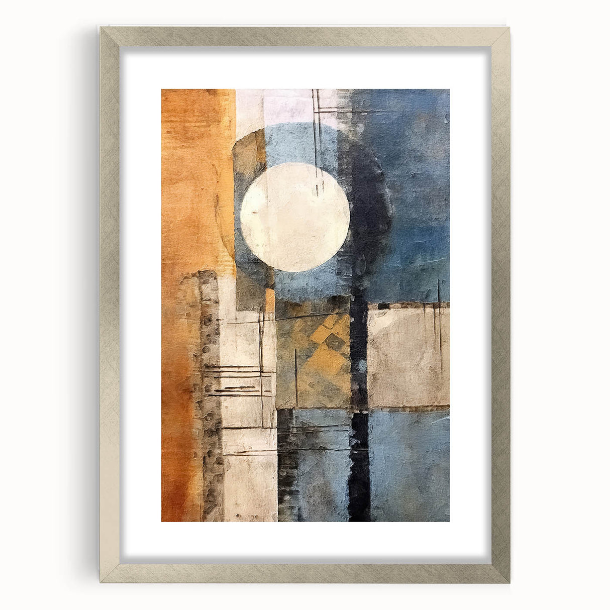 Abstract strokes wall art framed in silver, featuring a modern design with soft hues of blue and gray, perfect for contemporary home decor.
