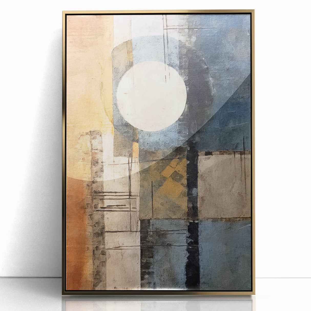 Framed abstract wall art featuring dynamic gold strokes on an acrylic surface, perfect for modern home decor. The artwork adds a touch of elegance and sophistication to any space.