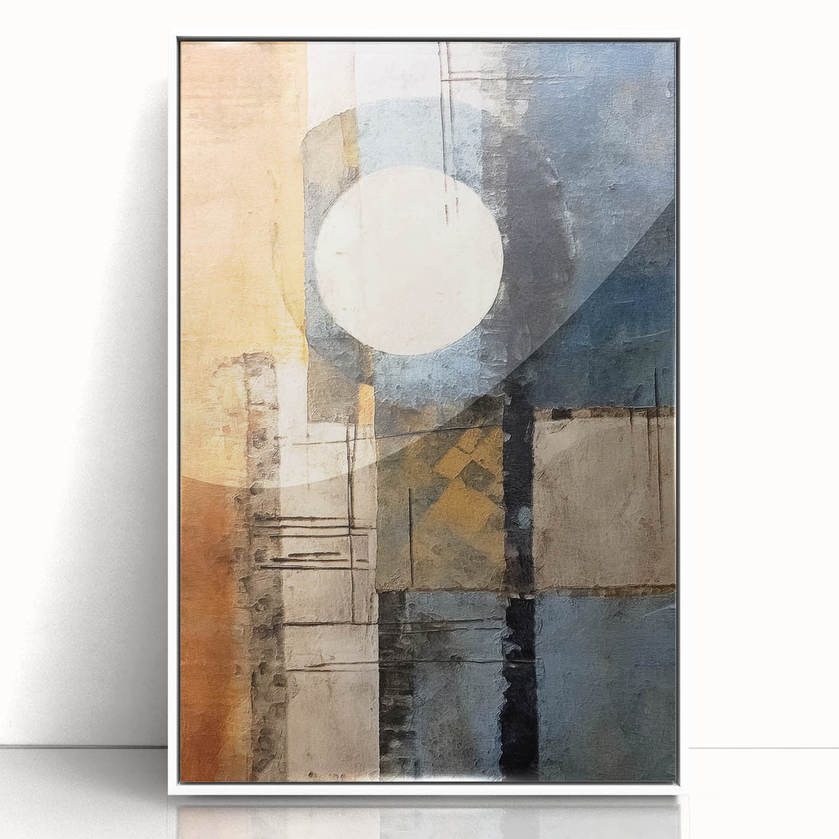 Framed abstract wall art featuring colorful strokes in shades of blue, pink, and gold, set against a sleek white background, ideal for modern home decor.