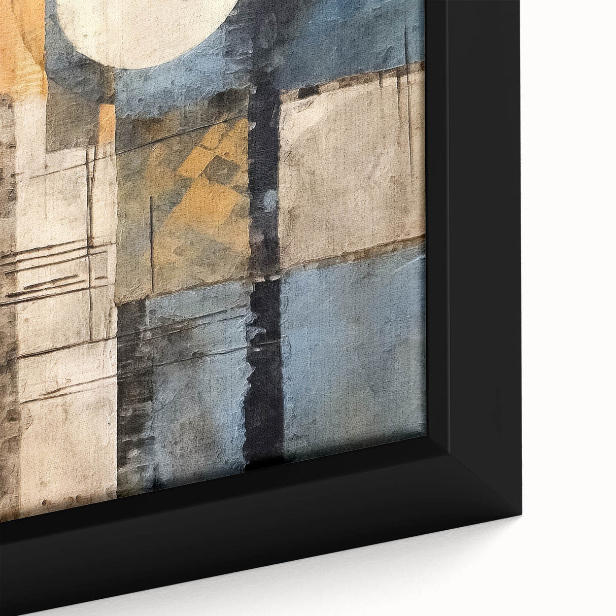 Close-up of a framed canvas wall art piece showcasing vibrant abstract strokes in blue, yellow, and red, adding a modern touch to any decor.