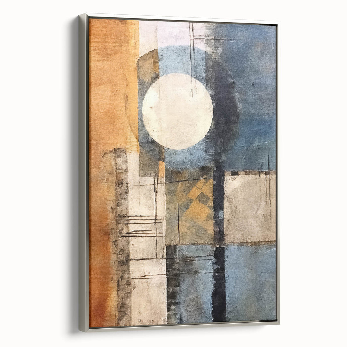 Abstract wall art featuring dynamic silver strokes on a textured canvas, elegantly framed, showcasing a modern design ideal for contemporary home decor.