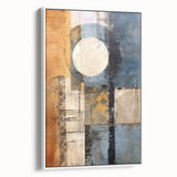 Framed abstract canvas wall art showcasing vibrant brush strokes in blue, yellow, and white, set against a sleek modern interior, adding a stylish touch to home decor.