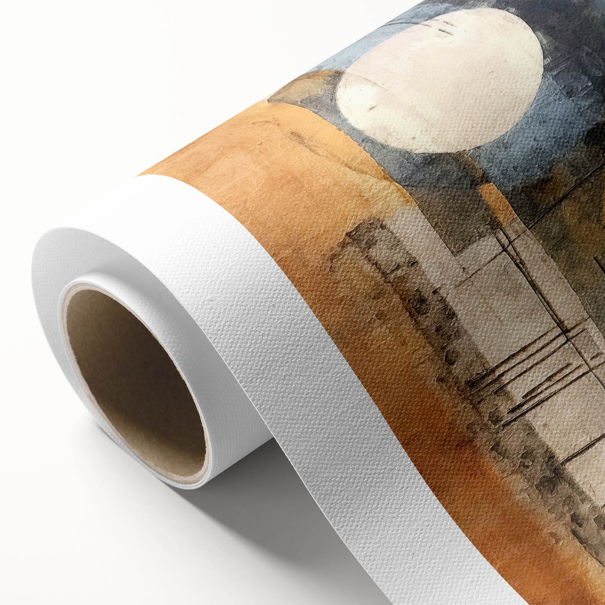 Abstract strokes wall art on rolled canvas, showcasing vibrant blue and gold hues with a textured finish, perfect for modern home decor or gallery settings.