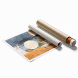 Abstract wall art print featuring vibrant strokes in shades of blue, orange, and yellow, rolled and ready for display in home decor. Ideal for modern interiors.