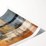 Abstract strokes wall art print featuring vibrant colors of blue, orange, and yellow on a textured background, ideal for modern home decor. Rolled and ready for framing.