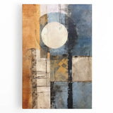 Abstract strokes wall art on stretched canvas showcasing vibrant colors of blue, orange, and yellow, perfect for modern home decor, enhancing artistic ambiance.