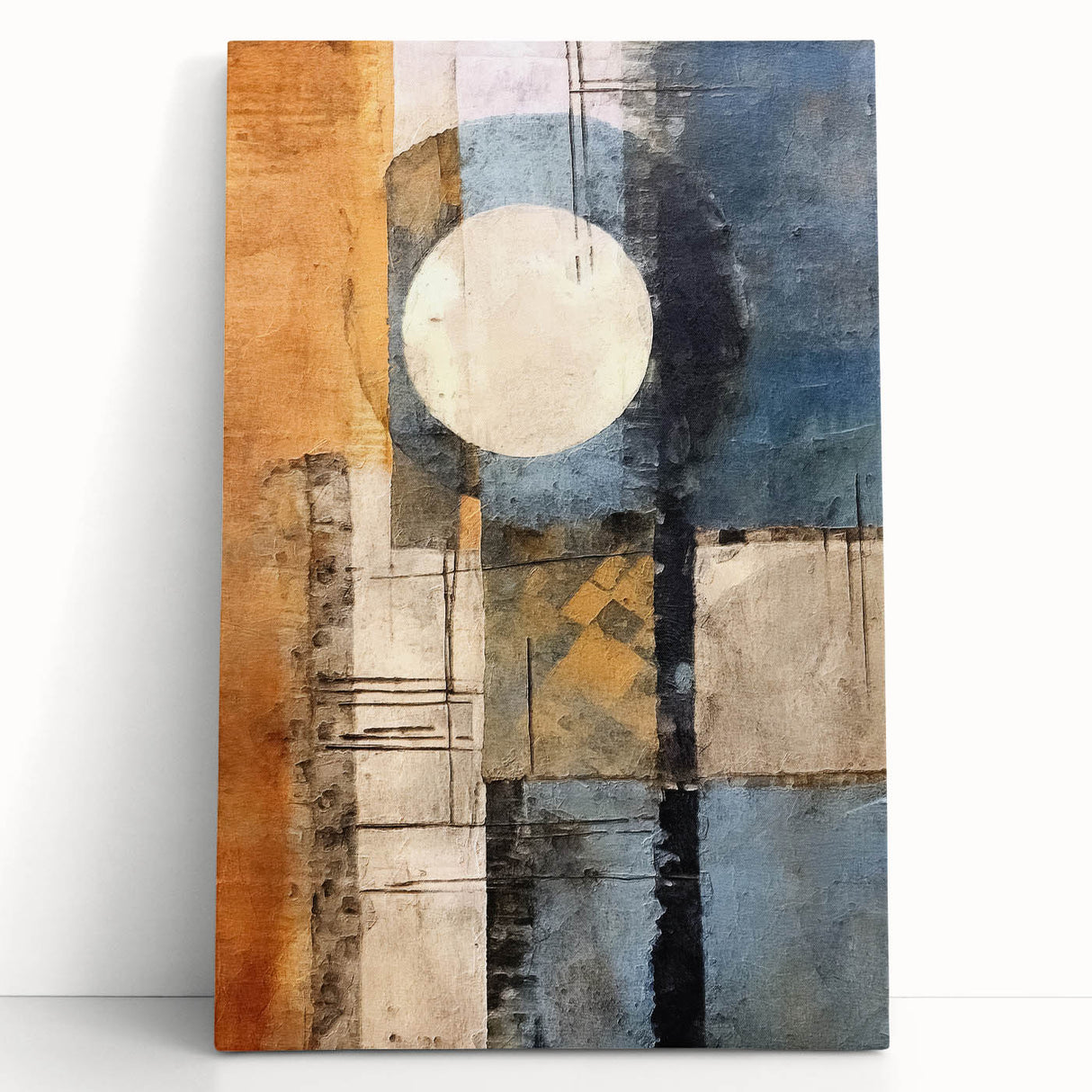 Abstract wall art featuring bold, colorful strokes in vibrant hues of blue, orange, and yellow, displayed on a stretched canvas, creating a modern aesthetic for any space.