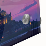 Close-up of a vibrant acrylic landscape artwork depicting a majestic castle surrounded by lush greenery, showcasing intricate details and vivid colors, ideal for home decor.