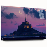 Acrylic glass artwork depicting a vibrant landscape with a majestic castle, displayed from the side to highlight its intricate details and secure pin attachments, perfect for home decor.