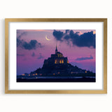 Elegant gold-framed landscape artwork depicting a majestic castle, featuring intricate details and a mat border. Ideal for enhancing home or office decor.