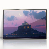 Framed acrylic artwork showcasing a majestic castle landscape in silver tones, ideal for home decor, enhancing elegance and sophistication in any room.