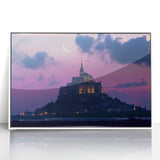 Framed acrylic artwork depicting a serene landscape with a majestic castle, set against a vibrant blue sky, perfect for home decor enthusiasts seeking elegance.