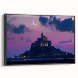 Framed canvas artwork showcasing a stunning landscape with a majestic castle, featuring a sleek black frame and a side view perspective, perfect for home decor.