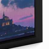 Close-up of a framed canvas artwork depicting a serene landscape with a majestic castle, showcasing vibrant colors and intricate details, ideal for home decor.