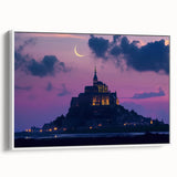 Framed canvas artwork showcasing a stunning landscape with a majestic castle, featuring vibrant colors and intricate details, set against a white background for a modern aesthetic. Perfect for home decor enthusiasts looking to enhance their living space with elegant art pieces.