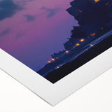 Rolled canvas artwork depicting a serene landscape with a majestic castle, showcasing vibrant colors and intricate details, ideal for home or office decor.