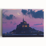 Stretched canvas artwork showcasing a picturesque landscape featuring a majestic castle surrounded by lush greenery, ideal for home decor or art enthusiasts.
