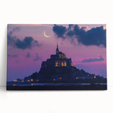 Stretched canvas artwork depicting a serene landscape with a majestic castle set against a vibrant sunset, showcasing rich colors and fine details. Perfect for home decor enthusiasts seeking elegant wall art.