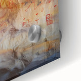 Close-up of an acrylic glass artwork depicting vibrant landscapes and caves, showcasing intricate details and vivid colors, ideal for modern home decor.