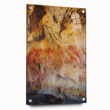 Acrylic glass artwork showcasing a vibrant landscape with caves, displayed in a stylish side view and secured with decorative pins, ideal for modern home decor.