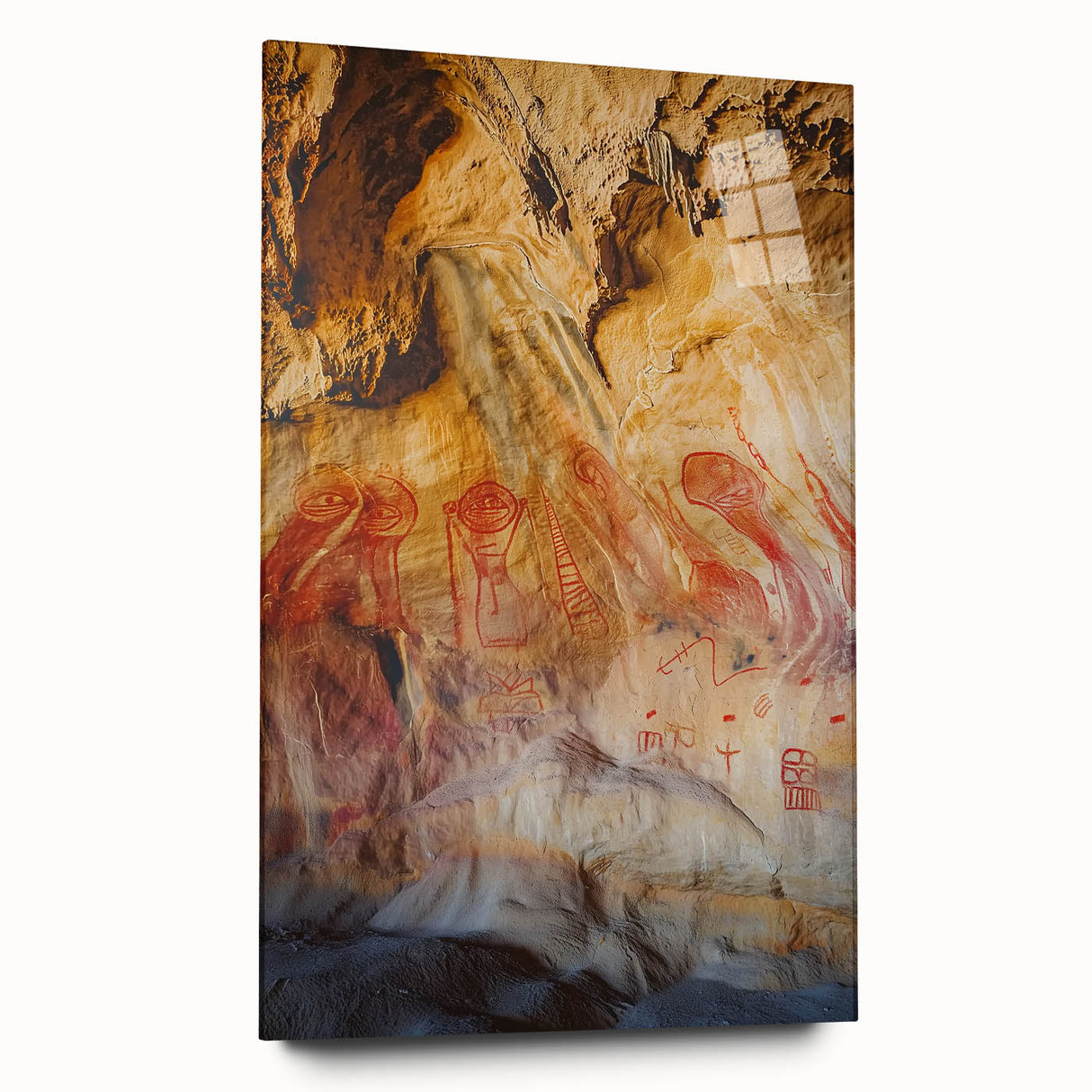 Acrylic glass artwork depicting intricate landscapes and caves, showcasing vibrant colors and detailed textures, designed for modern decor and artistic display.