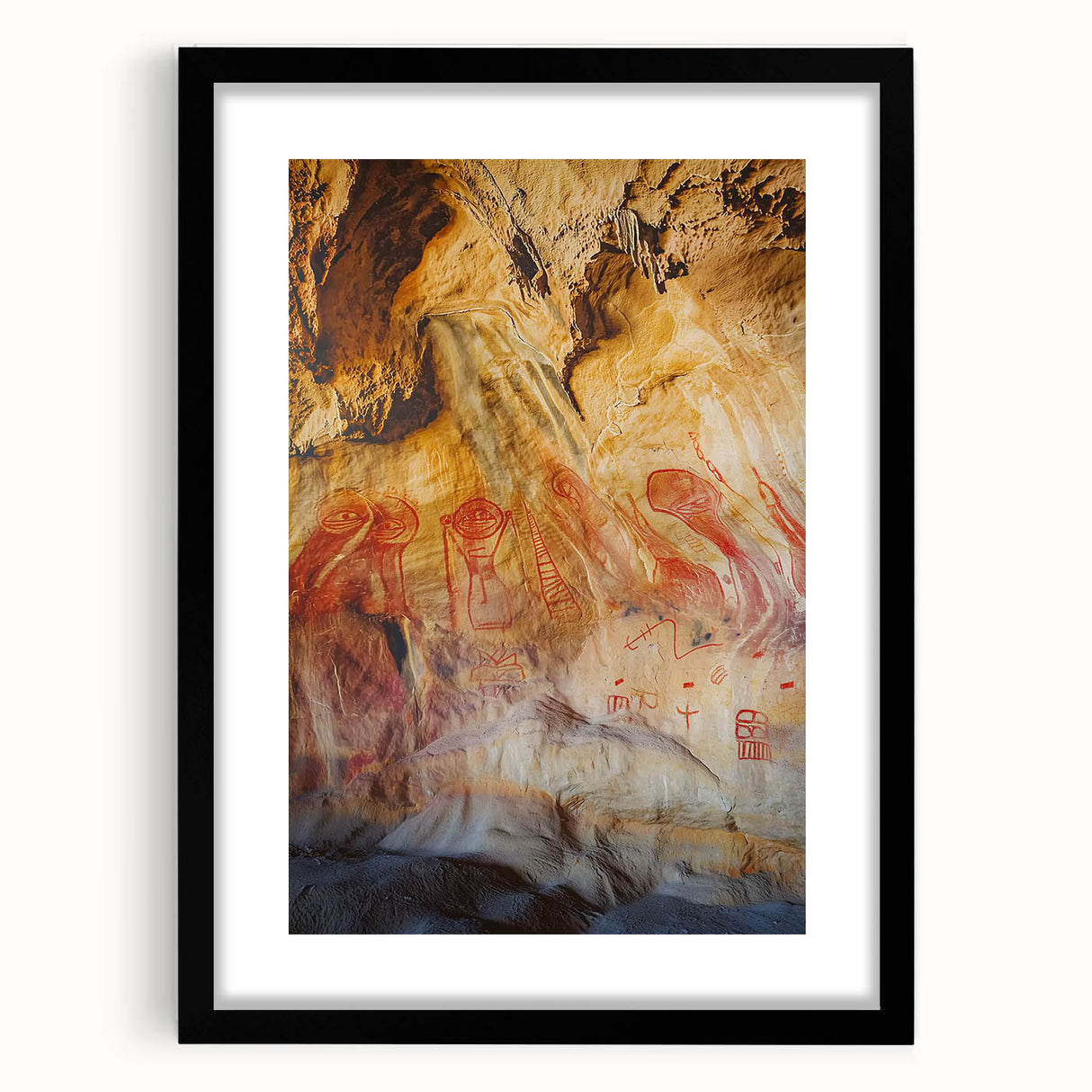Framed black landscape artwork depicting intricate cave formations, featuring a sleek mat border, ideal for modern home decor and interior design enhancement.
