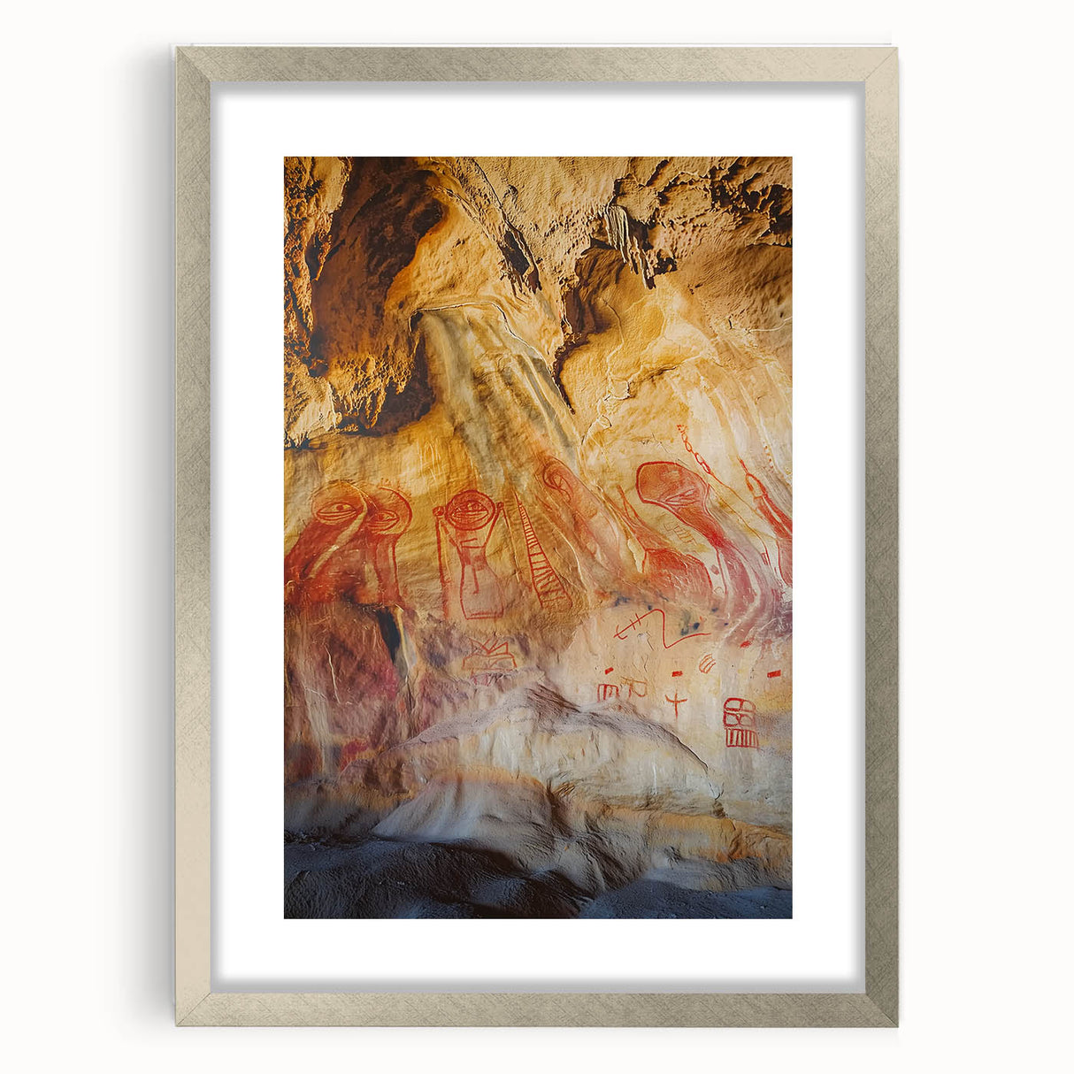 Framed landscape artwork showcasing intricate cave designs in a silver mat, ideal for enhancing interior decor with a touch of nature-inspired elegance.