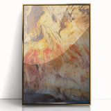 Framed acrylic artwork depicting a stunning landscape with caves, featuring gold accents and a sleek design, perfect for modern home decor.