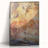 Framed acrylic artwork showcasing a captivating landscape of caves, with a sleek silver frame that enhances the vibrant colors, ideal for modern home decor.