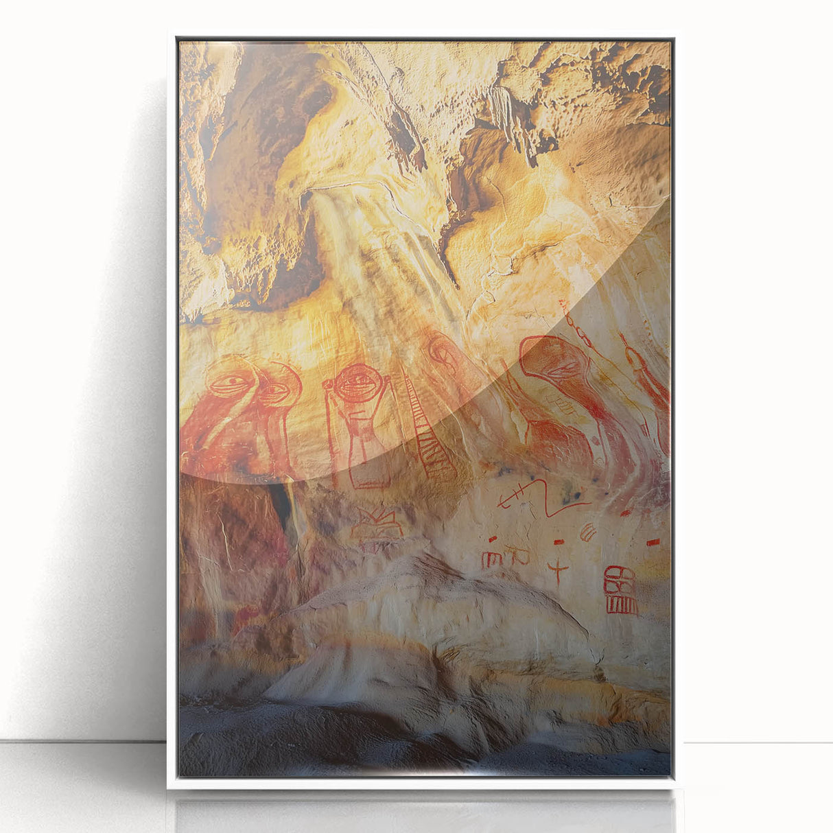 Framed acrylic artwork showcasing a serene landscape of caves, with a white border enhancing its elegance. Perfect for modern home decor.