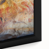 Close-up of a framed canvas art piece depicting a serene landscape with intricate cave formations, showcasing earthy tones and detailed textures, perfect for home decor.