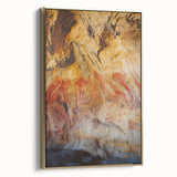Framed canvas artwork titled "Landscapes Caves," showcasing a serene cave scene with golden tones, perfect for enhancing modern home decor. Ideal for art enthusiasts.