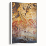 Framed canvas artwork showcasing a serene landscape with caves, featuring earthy tones and intricate details, displayed against a white backdrop for a modern aesthetic.