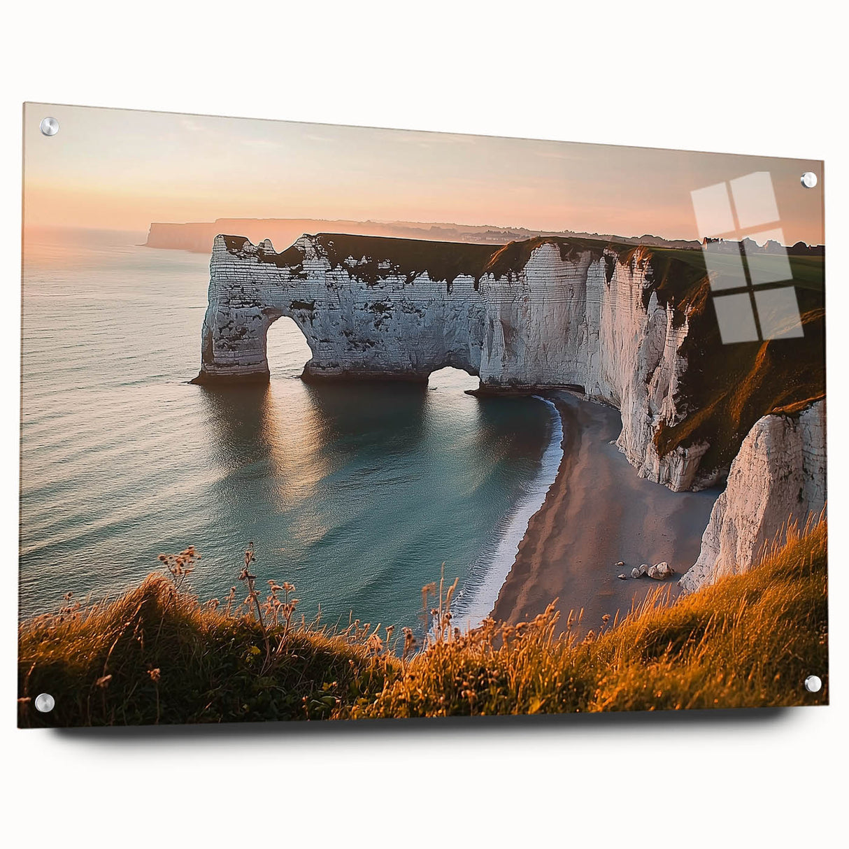 Acrylic glass artwork showcasing a vibrant landscape view of cliffs, elegantly displayed with pins on a wall, perfect for modern home decor.