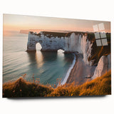 Acrylic glass artwork showcasing a stunning landscape of towering cliffs against a vibrant sky, featuring rich colors and intricate details, ideal for nature lovers.