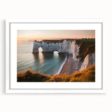 Framed landscape art print showcasing dramatic cliffs with a white mat, perfect for modern home décor. The piece features vibrant colors and intricate details.